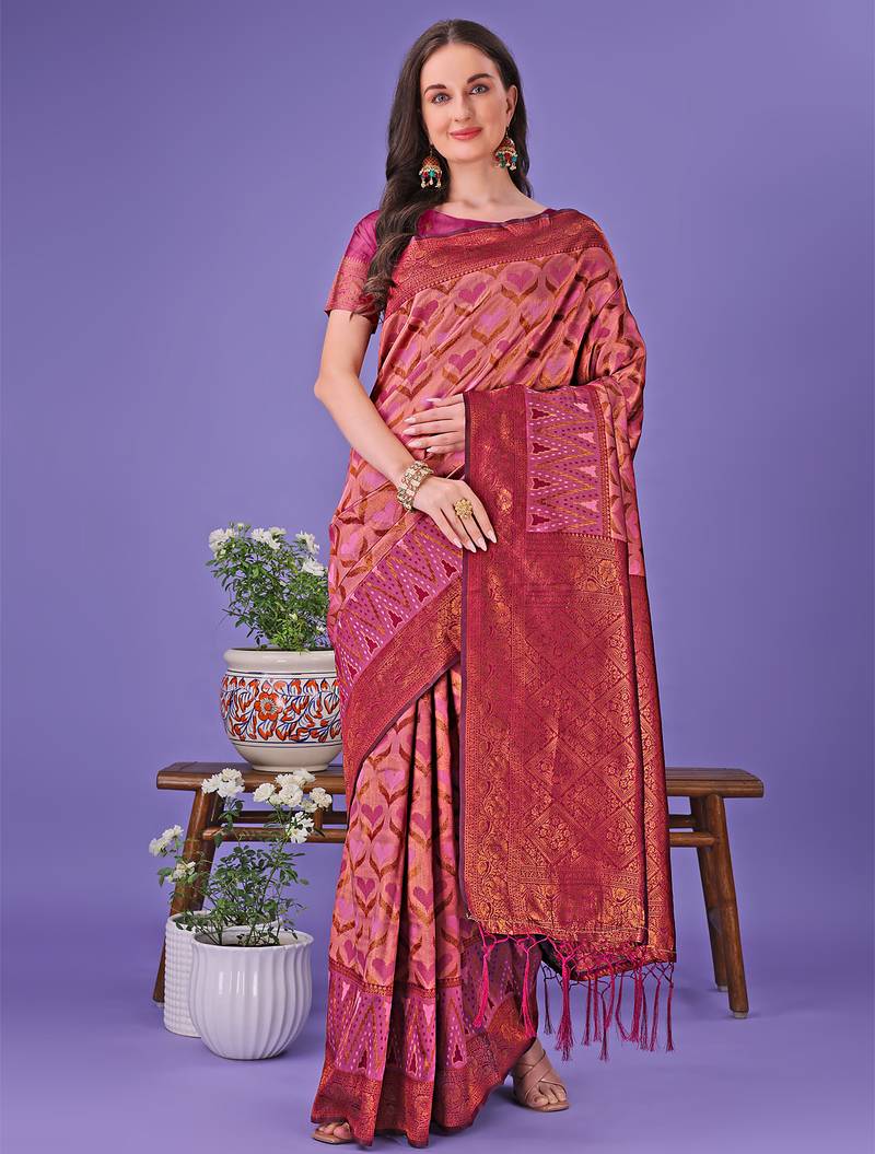 Magenta color woven lichi art silk blend saree with blouse