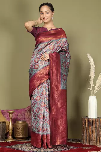 Maroon color woven lichi art silk blend saree with blouse