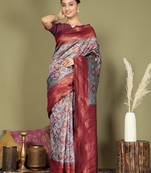 Maroon color woven lichi art silk blend saree with blouse
