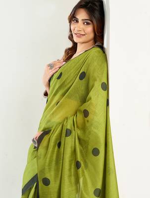 Olive digital printed linen ready to wear designer saree with unstitched blouse 6