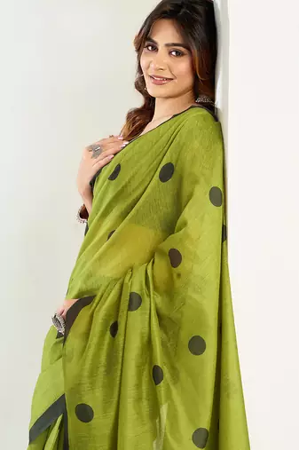 Olive digital printed linen ready to wear designer saree with unstitched blouse
