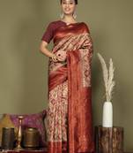 Brown color woven lichi art silk blend saree with blouse