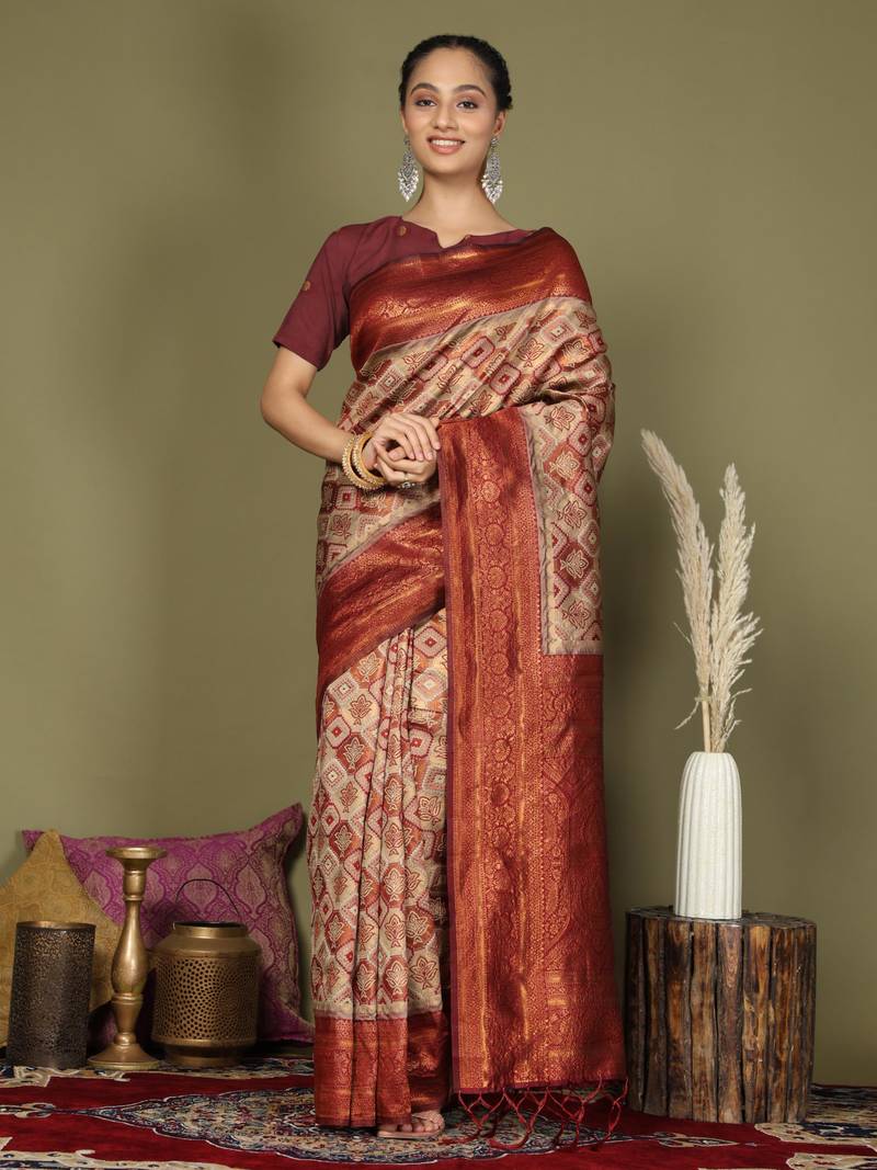 Brown color woven lichi art silk blend saree with blouse