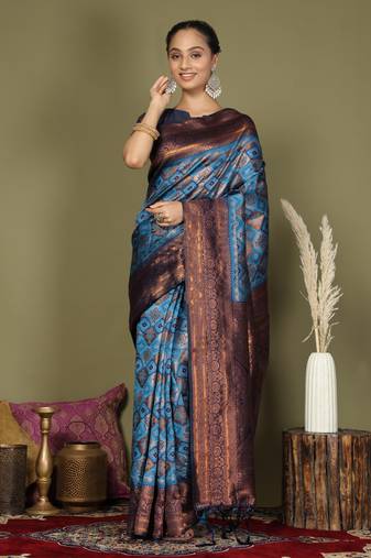 sky blue color woven lichi art silk blend saree with blouse