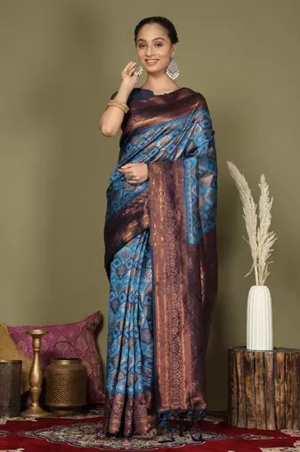 sky blue color woven lichi art silk blend saree with blouse