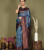 sky blue color woven lichi art silk blend saree with blouse