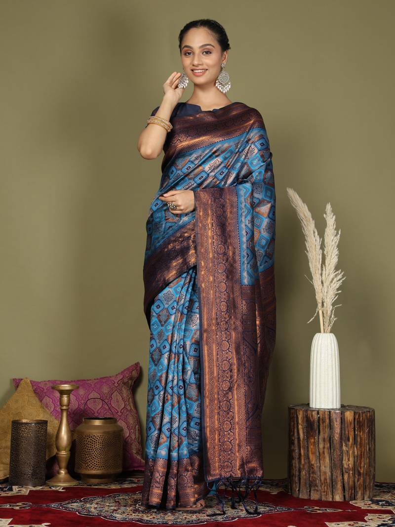 sky blue color woven lichi art silk blend saree with blouse