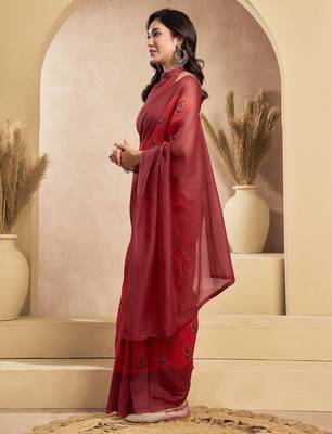 Rust digital printed linen ready to wear designer saree with unstitched blouse 6