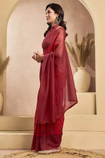 Rust digital printed linen ready to wear designer saree with unstitched blouse