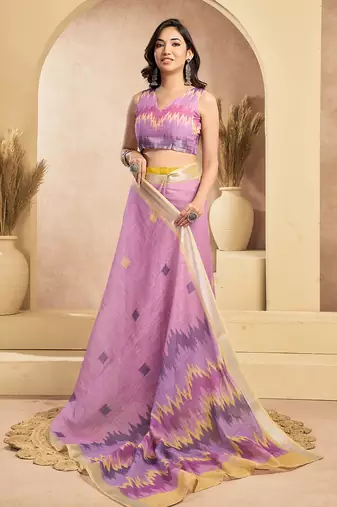 Digital printed linen ready to wear pocket saree with unstitched blouse