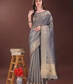 grey color orgenza zari border saree with blouse