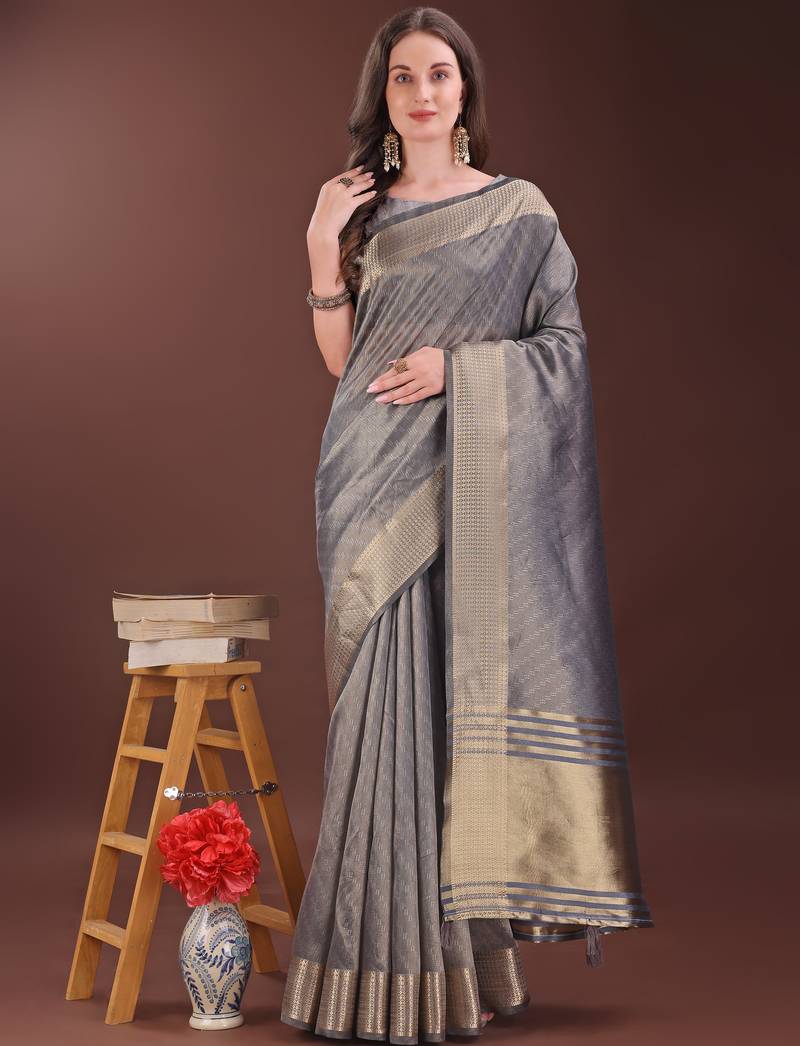 grey color orgenza zari border saree with blouse