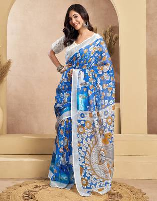 Blue digital printed linen ready to wear designer saree with unstitched blouse 6
