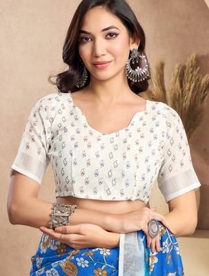 Blue digital printed linen ready to wear designer saree with unstitched blouse 7