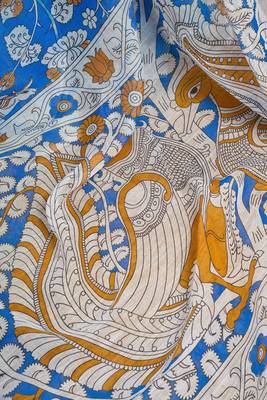 Blue digital printed linen ready to wear designer saree with unstitched blouse 8