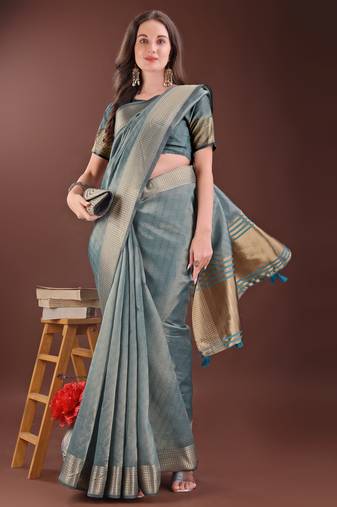 sea green color orgenza zari border saree with blouse
