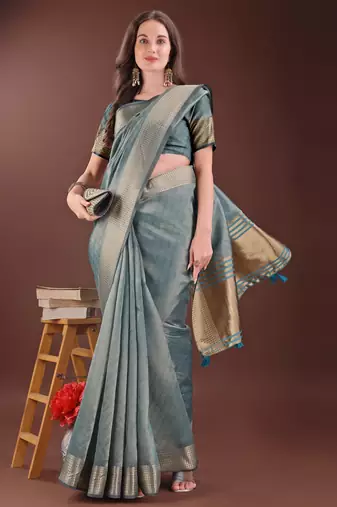 sea green color orgenza zari border saree with blouse