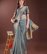 sea green color orgenza zari border saree with blouse