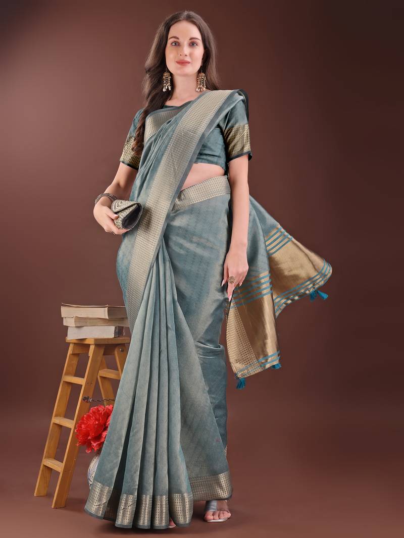 sea green color orgenza zari border saree with blouse