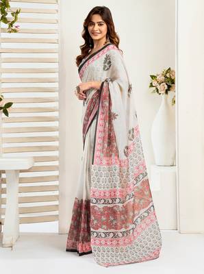 Green digital printed linen ready to wear designer saree with unstitched blouse 6