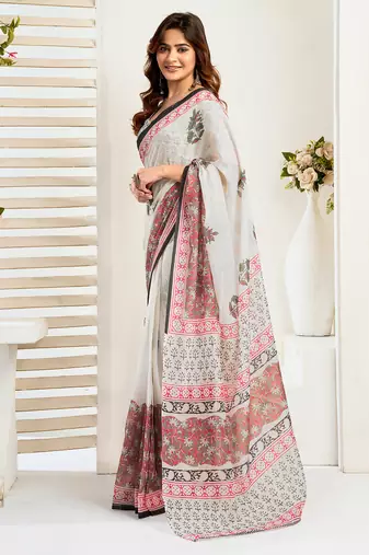 Green digital printed linen ready to wear designer saree with unstitched blouse