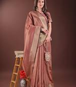 peach color orgenza zari border saree with blouse