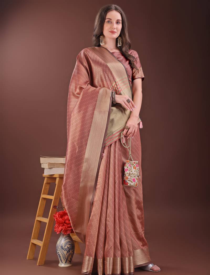 peach color orgenza zari border saree with blouse