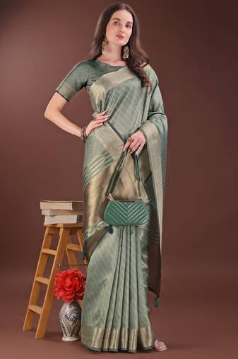 green color orgenza zari border saree with blouse