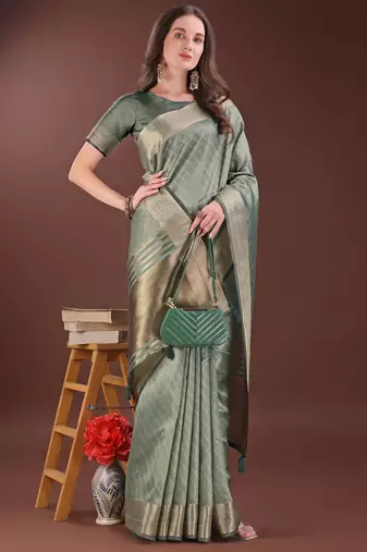green color orgenza zari border saree with blouse