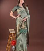 green color orgenza zari border saree with blouse