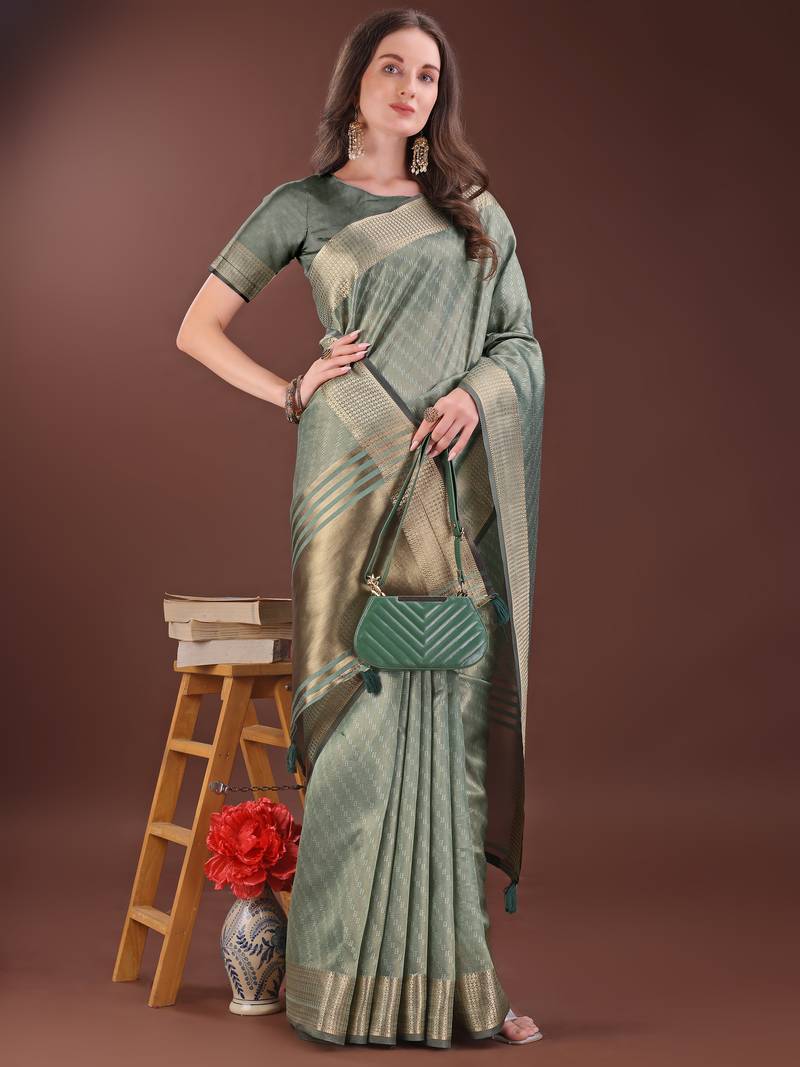 green color orgenza zari border saree with blouse