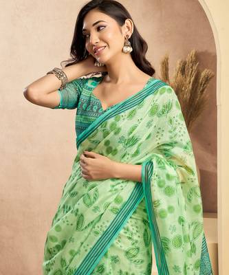 Mint green digital printed linen ready to wear designer saree with unstitched blouse 6