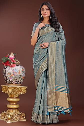 sky blue color orgenza zari border saree with blouse
