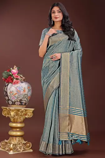 sky blue color orgenza zari border saree with blouse