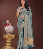 sky blue color orgenza zari border saree with blouse