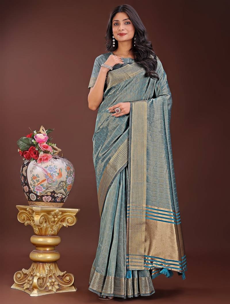sky blue color orgenza zari border saree with blouse