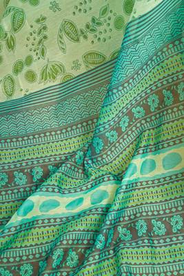 Mint green digital printed linen ready to wear designer saree with unstitched blouse 8
