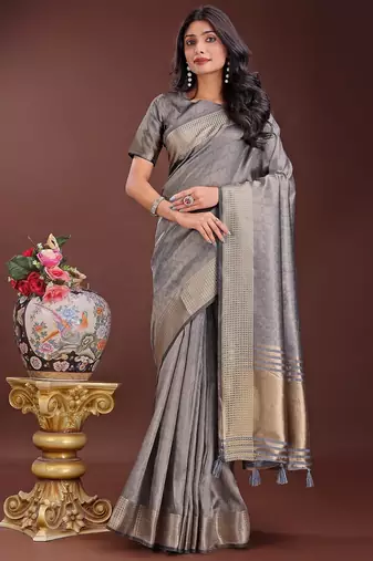 grey color orgenza zari border saree with blouse