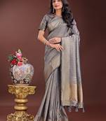 grey color orgenza zari border saree with blouse