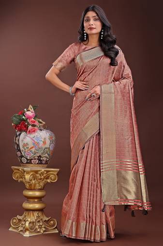 peach color orgenza zari border saree with blouse