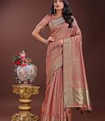 peach color orgenza zari border saree with blouse