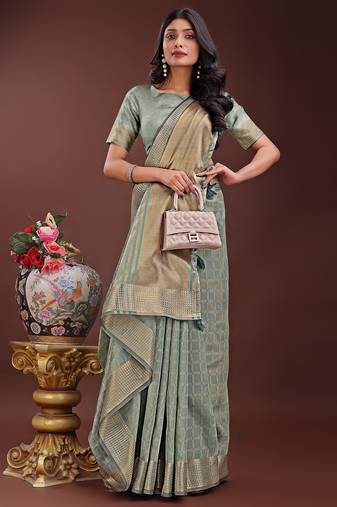 light green color orgenza zari border saree with blouse