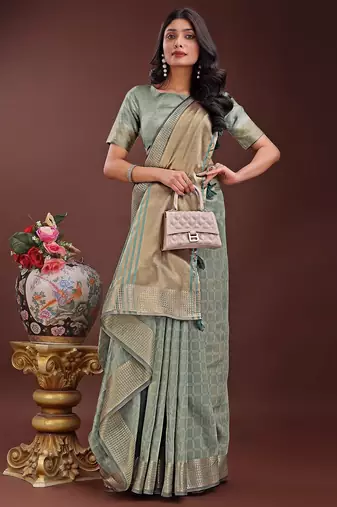 light green color orgenza zari border saree with blouse