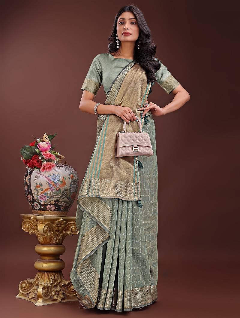 light green color orgenza zari border saree with blouse