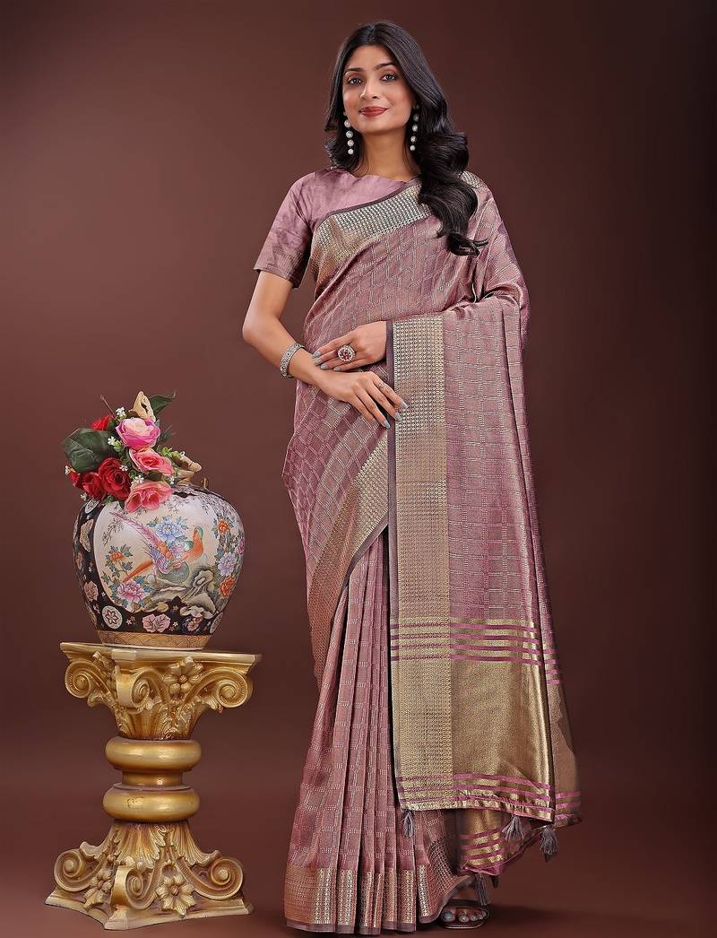 magenta color orgenza zari border saree with blouse