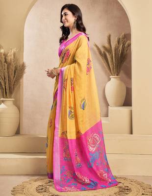 Mustard digital printed linen ready to wear designer saree with unstitched blouse 6