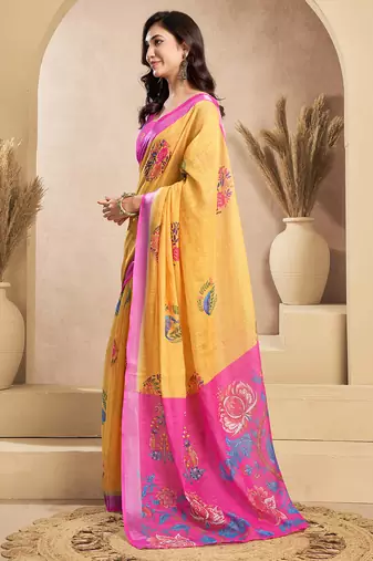 Mustard digital printed linen ready to wear designer saree with unstitched blouse