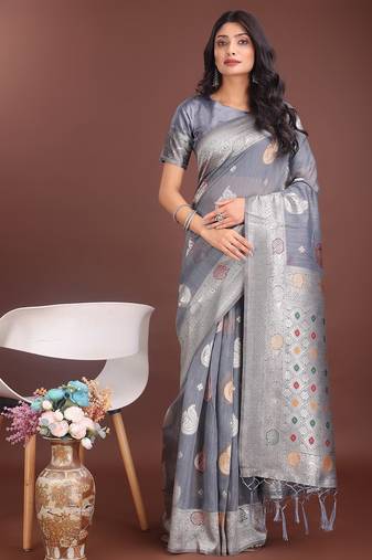 grey color linen cotton zari weaving saree with blouse