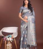 grey color linen cotton zari weaving saree with blouse