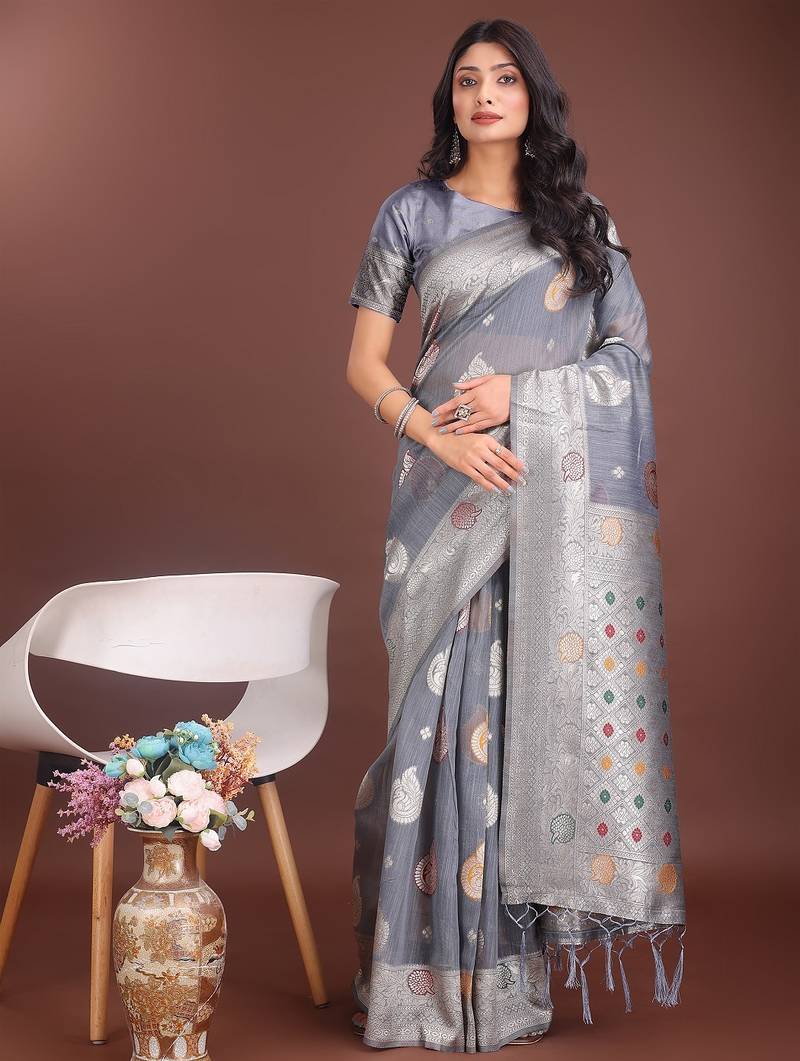 grey color linen cotton zari weaving saree with blouse